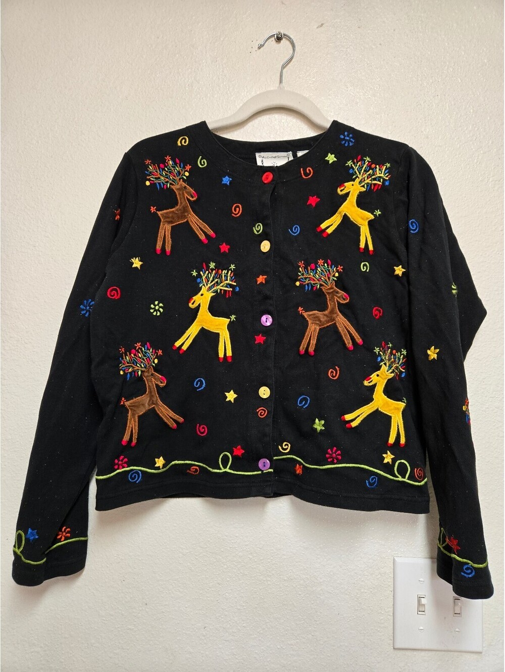 VTG Michael Simon Playful Reindeer Holiday Christmas Cardigan Size S